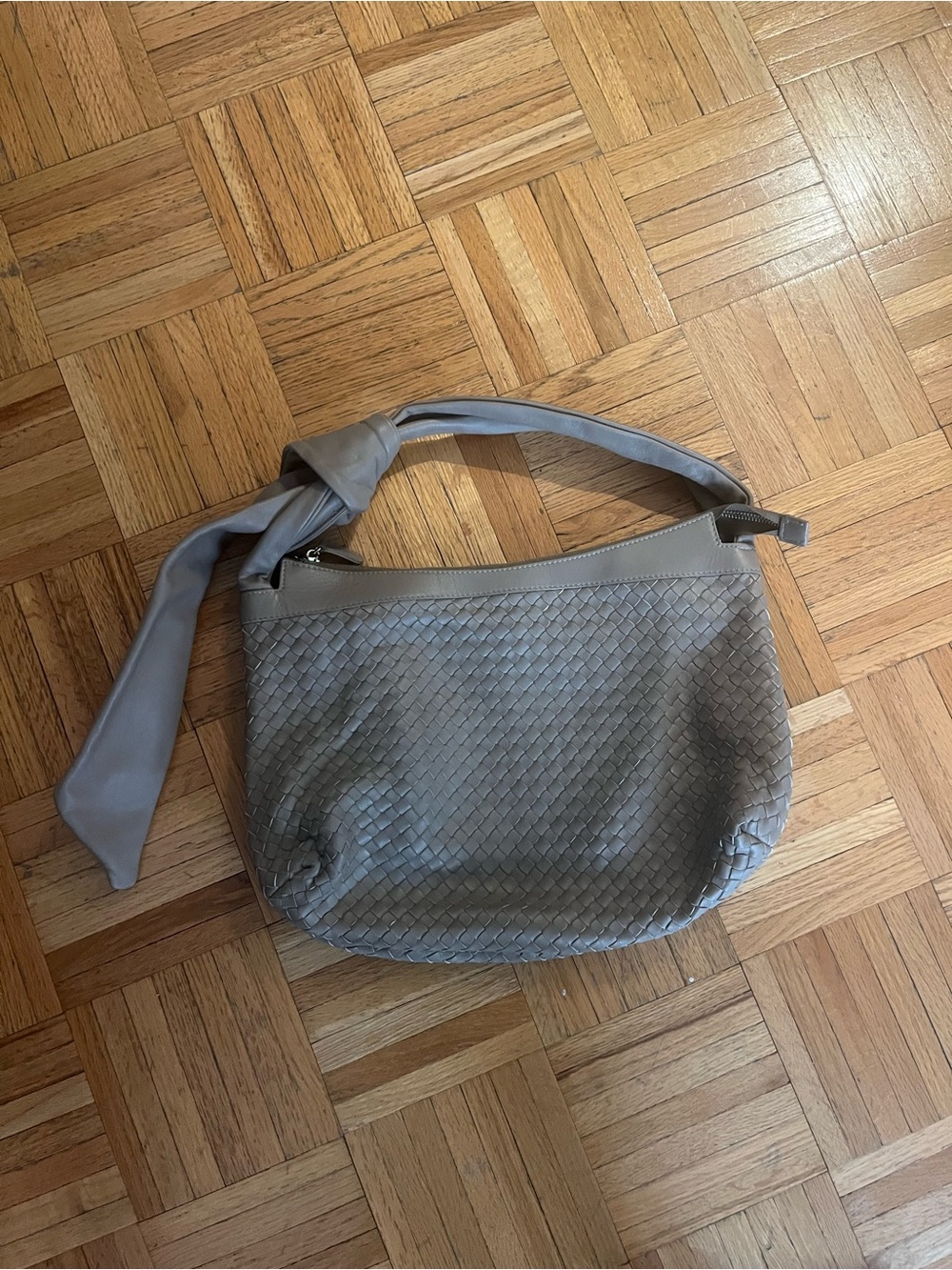 Santini Firenze Italian Leather Woven Taupe Knotted Shoulder Bag